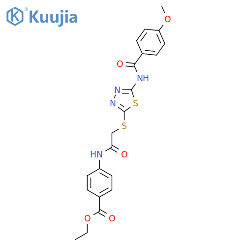 ethyl 4-(2-{5-(4-methoxybenzamido)-1,3,4-thiadiazol-2-ylsulfanyl}acetamido)benzoate structure