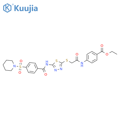 ethyl 4-2-({5-4-(piperidine-1-sulfonyl)benzamido-1,3,4-thiadiazol-2-yl}sulfanyl)acetamidobenzoate structure