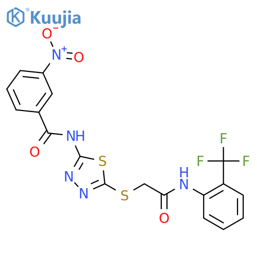3-nitro-N-{5-({2-(trifluoromethyl)phenylcarbamoyl}methyl)sulfanyl-1,3,4-thiadiazol-2-yl}benzamide structure