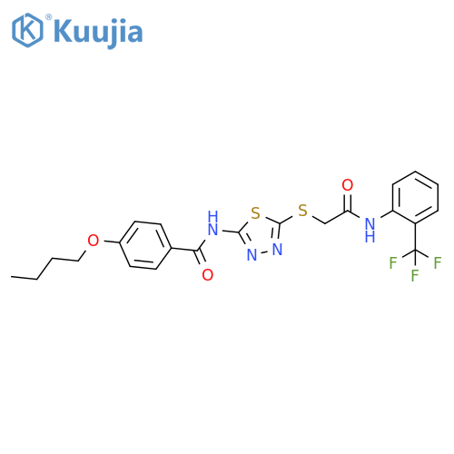 4-butoxy-N-{5-({2-(trifluoromethyl)phenylcarbamoyl}methyl)sulfanyl-1,3,4-thiadiazol-2-yl}benzamide structure