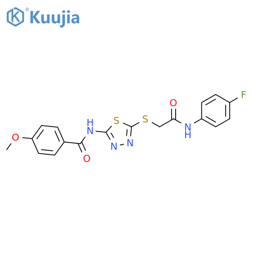 N-5-({(4-fluorophenyl)carbamoylmethyl}sulfanyl)-1,3,4-thiadiazol-2-yl-4-methoxybenzamide structure