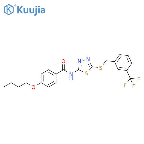 4-butoxy-N-5-({3-(trifluoromethyl)phenylmethyl}sulfanyl)-1,3,4-thiadiazol-2-ylbenzamide structure