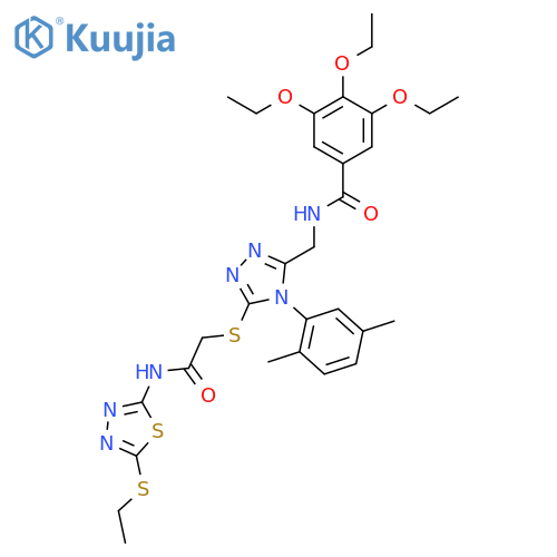 N-{4-(2,5-dimethylphenyl)-5-({5-(ethylsulfanyl)-1,3,4-thiadiazol-2-ylcarbamoyl}methyl)sulfanyl-4H-1,2,4-triazol-3-ylmethyl}-3,4,5-triethoxybenzamide structure