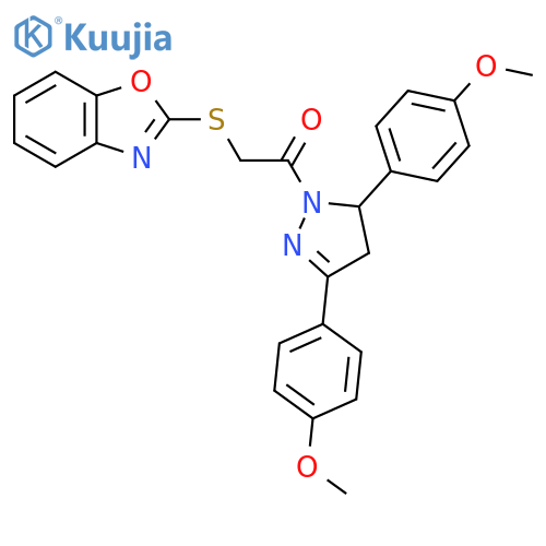 2-(1,3-benzoxazol-2-ylsulfanyl)-1-3,5-bis(4-methoxyphenyl)-4,5-dihydro-1H-pyrazol-1-ylethan-1-one structure