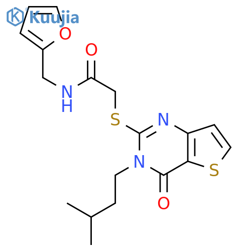 N-(furan-2-yl)methyl-2-{3-(3-methylbutyl)-4-oxo-3H,4H-thieno3,2-dpyrimidin-2-ylsulfanyl}acetamide structure