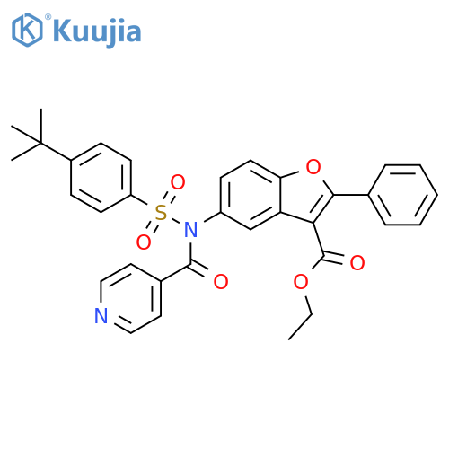 ethyl 5-N-(4-tert-butylbenzenesulfonyl)pyridine-4-amido-2-phenyl-1-benzofuran-3-carboxylate structure