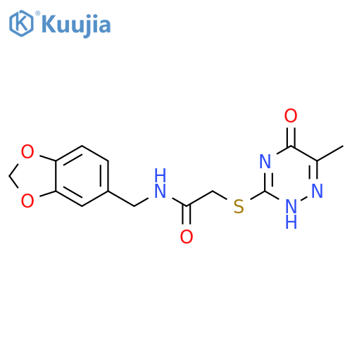 N-(2H-1,3-benzodioxol-5-yl)methyl-2-(6-methyl-5-oxo-4,5-dihydro-1,2,4-triazin-3-yl)sulfanylacetamide structure