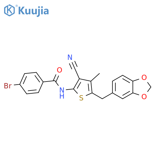 N-{5-(2H-1,3-benzodioxol-5-yl)methyl-3-cyano-4-methylthiophen-2-yl}-4-bromobenzamide structure