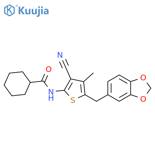 N-{5-(2H-1,3-benzodioxol-5-yl)methyl-3-cyano-4-methylthiophen-2-yl}cyclohexanecarboxamide structure