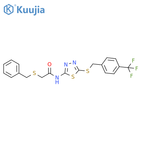 2-(benzylsulfanyl)-N-5-({4-(trifluoromethyl)phenylmethyl}sulfanyl)-1,3,4-thiadiazol-2-ylacetamide structure