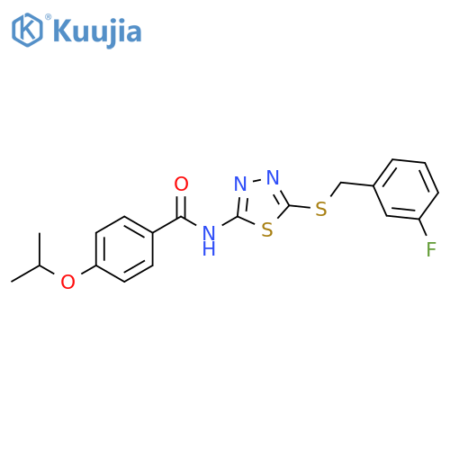 N-(5-{(3-fluorophenyl)methylsulfanyl}-1,3,4-thiadiazol-2-yl)-4-(propan-2-yloxy)benzamide structure