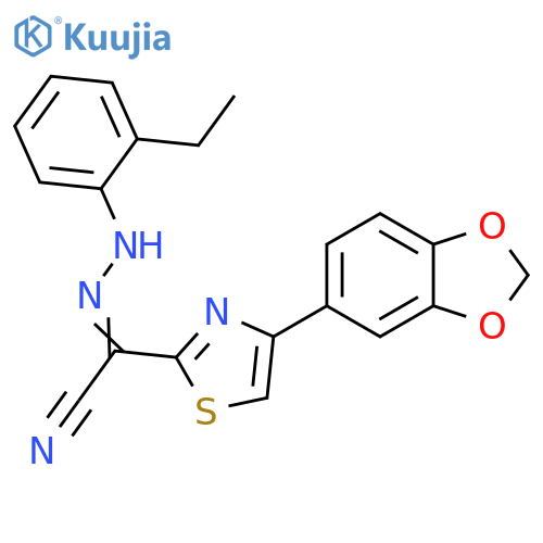 (E)-4-(2H-1,3-benzodioxol-5-yl)-N-(2-ethylphenyl)-1,3-thiazole-2-carbohydrazonoyl cyanide structure