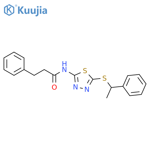 3-phenyl-N-{5-(1-phenylethyl)sulfanyl-1,3,4-thiadiazol-2-yl}propanamide structure
