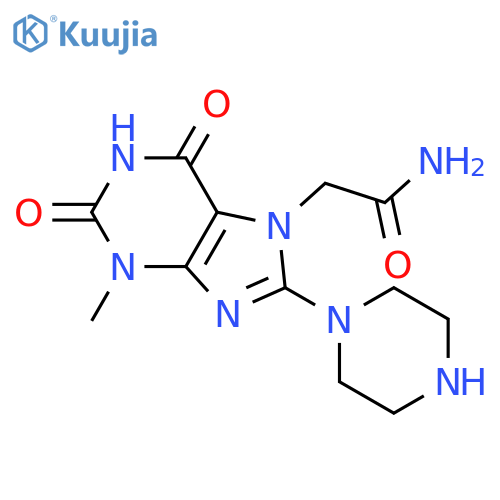 2-3-methyl-2,6-dioxo-8-(piperazin-1-yl)-2,3,6,7-tetrahydro-1H-purin-7-ylacetamide structure