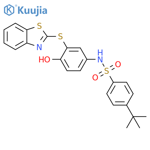 N-[3-(1,3-benzothiazol-2-ylsulfanyl)-4-hydroxyphenyl]-4-tert-butylbenzene-1-sulfonamide structure