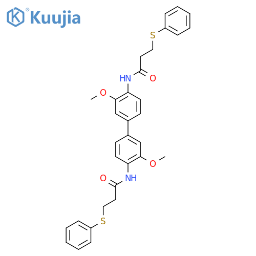 N-{3,3'-dimethoxy-4'-3-(phenylsulfanyl)propanamido-1,1'-biphenyl-4-yl}-3-(phenylsulfanyl)propanamide structure