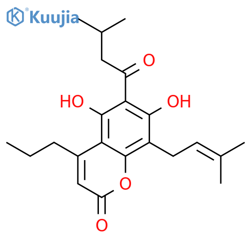5,7-dihydroxy-6-(3-methylbutanoyl)-8-(3-methylbut-2-en-1-yl)-4-propyl-2H-chromen-2-one structure