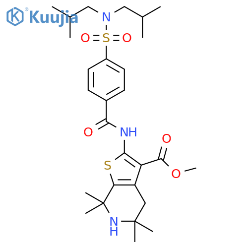 methyl 2-{4-[bis(2-methylpropyl)sulfamoyl]benzamido}-5,5,7,7-tetramethyl-4H,5H,6H,7H-thieno[2,3-c]pyridine-3-carboxylate structure