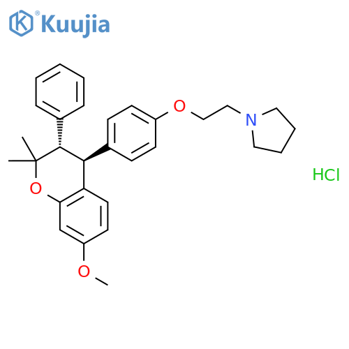 Pyrrolidine,1-[2-[4-[(3R,4R)-3,4-dihydro-7-methoxy-2,2-dimethyl-3-phenyl-2H-1-benzopyran-4-yl]phenoxy]ethyl]-,hydrochloride, rel- (9CI) structure