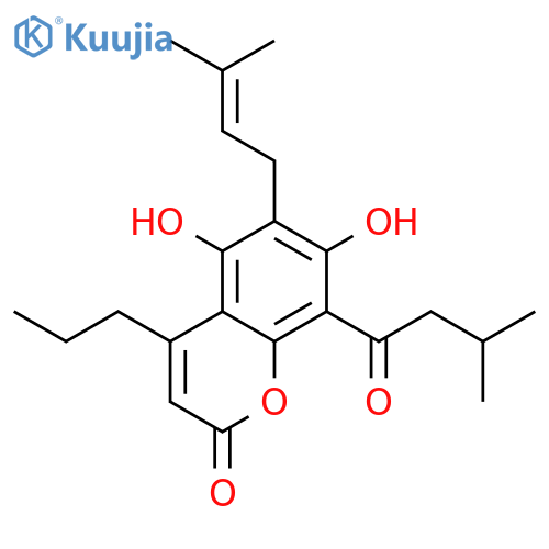 5,7-dihydroxy-8-(3-methylbutanoyl)-6-(3-methylbut-2-en-1-yl)-4-propyl-2H-chromen-2-one structure