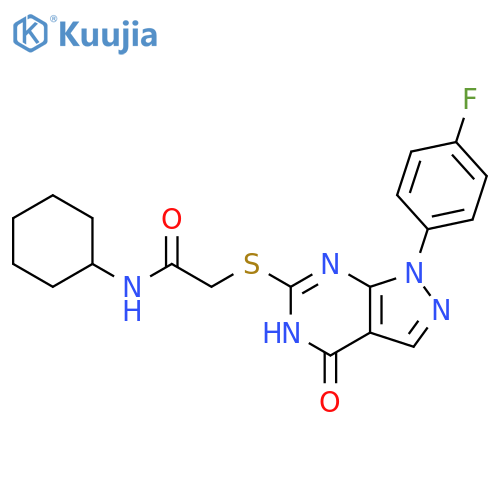 N-cyclohexyl-2-{1-(4-fluorophenyl)-4-oxo-1H,4H,5H-pyrazolo3,4-dpyrimidin-6-ylsulfanyl}acetamide structure