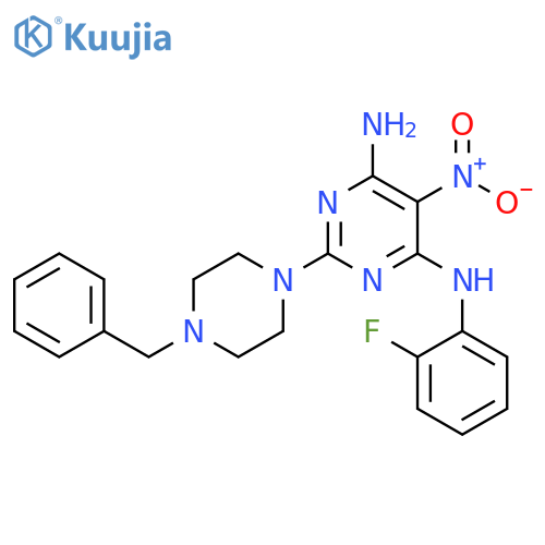 2-(4-benzylpiperazin-1-yl)-N4-(2-fluorophenyl)-5-nitropyrimidine-4,6-diamine structure
