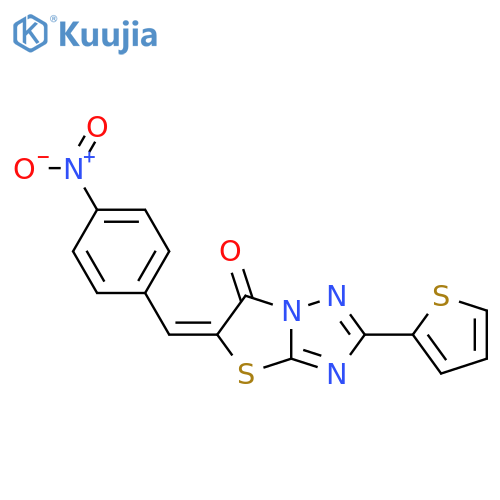 (5E)-5-(4-nitrophenyl)methylidene-2-(thiophen-2-yl)-5H,6H-1,2,4triazolo3,2-b1,3thiazol-6-one structure