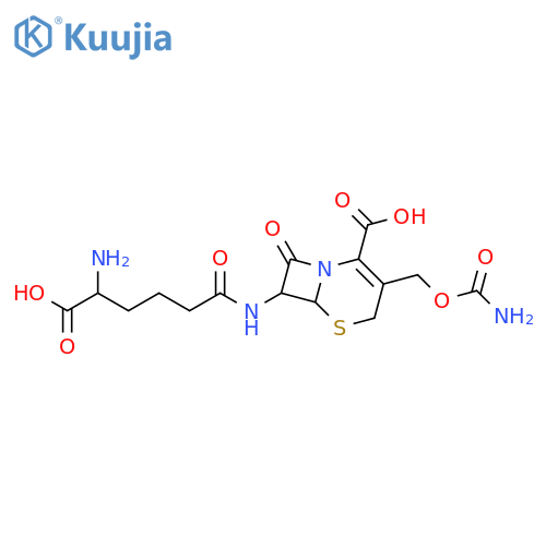 (6R,7R)-7-{[(5R)-5-amino-5-carboxypentanoyl]amino}-3-[(carbamoyloxy)methyl]-8-oxo-5-thia-1-azabicyclo[4.2.0]oct-2-ene-2-carboxylic acid structure