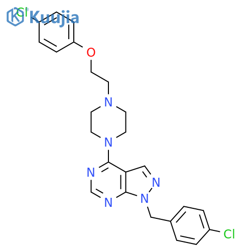 1-2-(4-chlorophenoxy)ethyl-4-{1-(4-chlorophenyl)methyl-1H-pyrazolo3,4-dpyrimidin-4-yl}piperazine structure