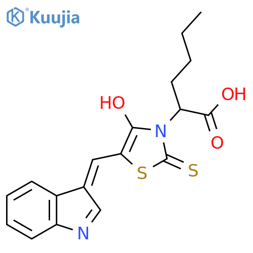 2-(5Z)-5-(1H-indol-3-yl)methylidene-4-oxo-2-sulfanylidene-1,3-thiazolidin-3-ylhexanoic acid structure