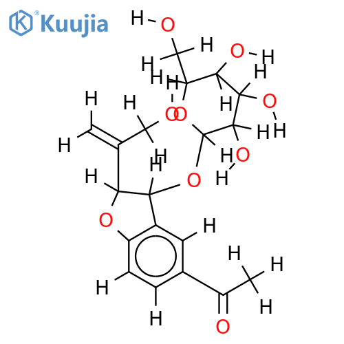 1-{(2R,3R)-3-(beta-D-glucopyranosyloxy)-2,3-dihydro-2-[1-(hydroxymethyl)vinyl]-1-benzofuran-5-yl}-ethanone structure