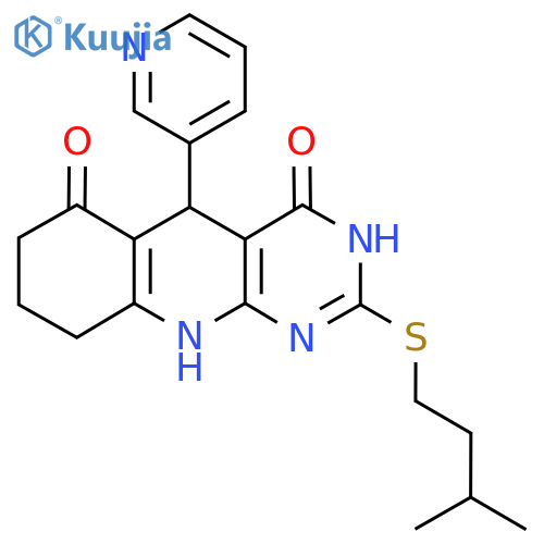 2-(3-methylbutyl)sulfanyl-5-(pyridin-3-yl)-3H,4H,5H,6H,7H,8H,9H,10H-pyrimido4,5-bquinoline-4,6-dione structure