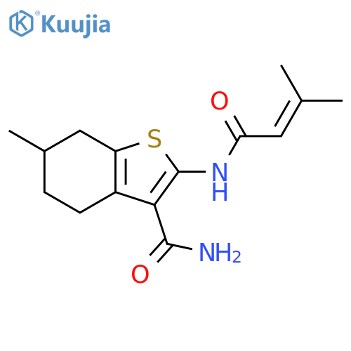 6-methyl-2-(3-methylbut-2-enamido)-4,5,6,7-tetrahydro-1-benzothiophene-3-carboxamide structure