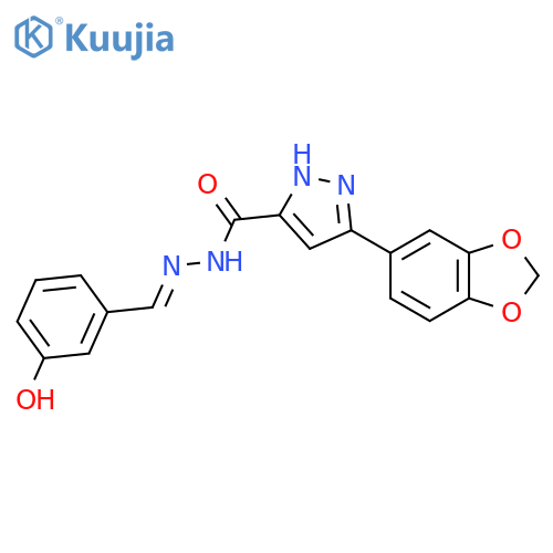 3-(2H-1,3-benzodioxol-5-yl)-N'-(1E)-(3-hydroxyphenyl)methylidene-1H-pyrazole-5-carbohydrazide structure