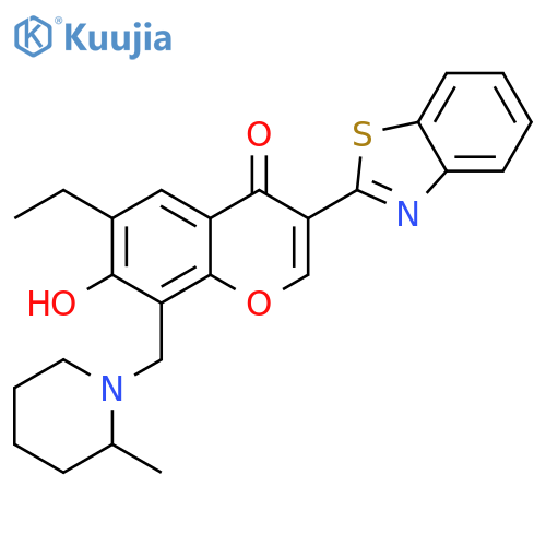 3-(1,3-benzothiazol-2-yl)-6-ethyl-7-hydroxy-8-(2-methylpiperidin-1-yl)methyl-4H-chromen-4-one structure