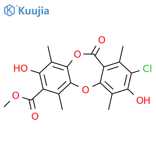 11H-Dibenzo[b,e][1,4]dioxepin-7-carboxylicacid, 2-chloro-3,8-dihydroxy-1,4,6,9-tetramethyl-11-oxo-, methyl ester structure