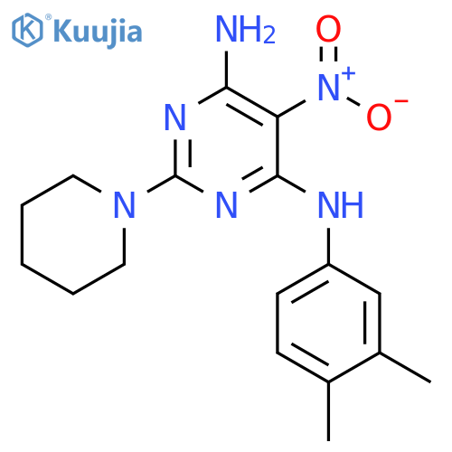 N4-(3,4-dimethylphenyl)-5-nitro-2-(piperidin-1-yl)pyrimidine-4,6-diamine structure