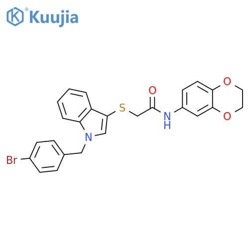 2-({1-(4-bromophenyl)methyl-1H-indol-3-yl}sulfanyl)-N-(2,3-dihydro-1,4-benzodioxin-6-yl)acetamide structure