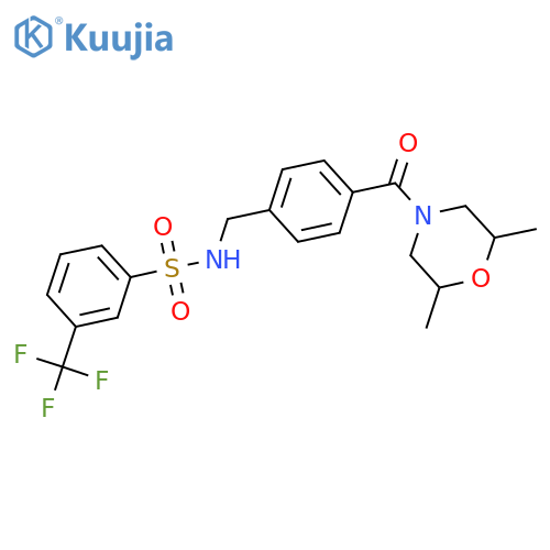 N-{4-(2,6-dimethylmorpholine-4-carbonyl)phenylmethyl}-3-(trifluoromethyl)benzene-1-sulfonamide structure