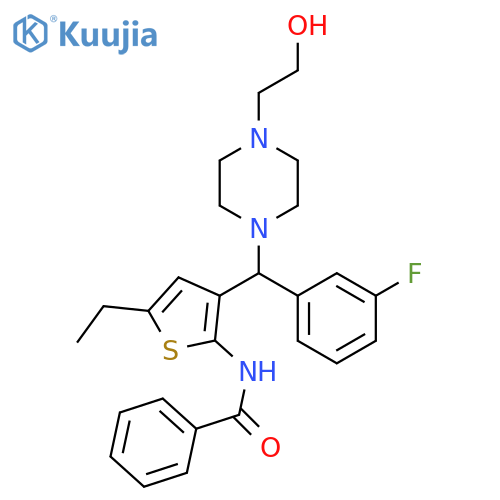 N-{5-ethyl-3-(3-fluorophenyl)4-(2-hydroxyethyl)piperazin-1-ylmethylthiophen-2-yl}benzamide structure