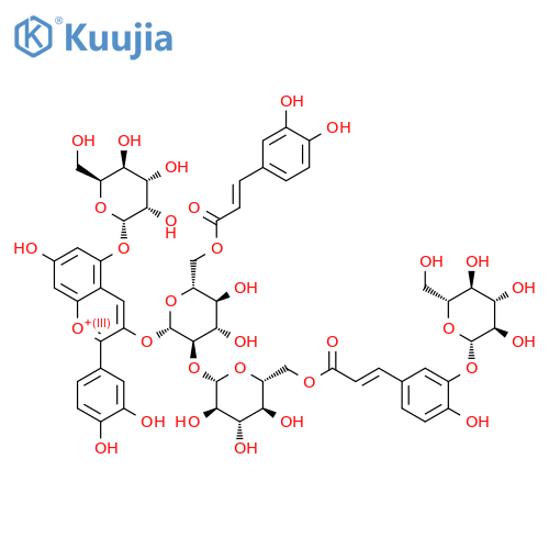 Cyanidin 3-O-[2-O-(6-O-(trans-3-O-(beta-D-glucopyranosyl)caffeyl)-beta-D-glucopyranosyl)-6-O-(trans-caffeyl)-beta-D-glucopyranoside]-5-O-[beta-D-glucopyranoside] structure