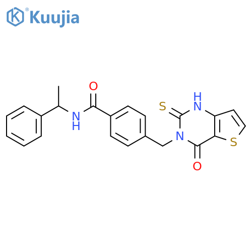 4-[(4-oxo-2-sulfanylidene-1H-thieno[3,2-d]pyrimidin-3-yl)methyl]-N-(1-phenylethyl)benzamide structure