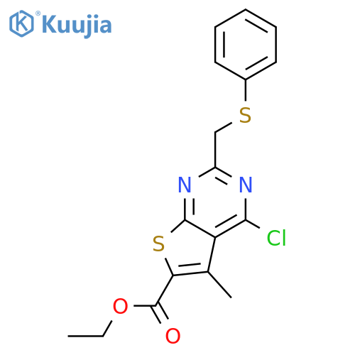 ethyl 4-chloro-5-methyl-2-[(phenylsulfanyl)methyl]thieno[2,3-d]pyrimidine-6-carboxylate structure