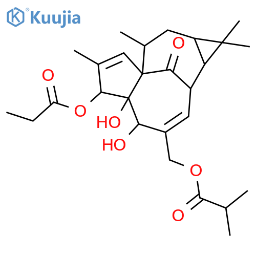 Propanoic acid,2-methyl-,[1a,2,5,5a,6,9,10,10a-octahydro-5,5a-dihydroxy-1,1,7,9-tetramethyl-11-oxo-6-(1-oxopropoxy)-1H-2,8a-methanocyclopenta[a]cyclopropa[e]cyclodecen-4-yl]methylester, [1aR-(1aa,2b,5b,5ab,6b,8aa,9a,10aa)]- (9CI) structure