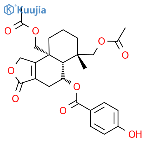 4-Hydroxybenzoic acid (5R)-6β,9aβ-bis(acetyloxymethyl)-1,3,4,5,5aα,6,7,8,9,9a-decahydro-6-methyl-3-oxonaphtho[1,2-c]furan-5β-yl ester structure