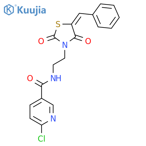6-chloro-N-{2-[2,4-dioxo-5-(phenylmethylidene)-1,3-thiazolidin-3-yl]ethyl}pyridine-3-carboxamide structure