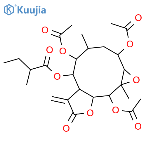 Butanoic acid, 2-methyl-, 2,5,10-tris(acetyloxy)dodecahydro-4,10a-dimethyl-7-methylene-8-oxooxireno[8,9]cyclodeca[1,2-b]furan-6-yl ester structure