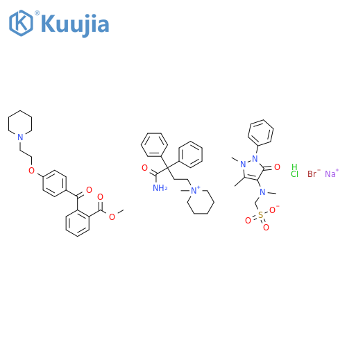 1-(4-amino-4-oxo-3,3-diphenylbutyl)-1-methylpiperidinium sodium bromide [(1,5-dimethyl-3-oxo-2-phenyl-2,3-dihydro-1H-pyrazol-4-yl)(methyl)amino]methanesulfonate - methyl 2-{4-[2-(piperidin-1-yl)ethoxy]benzoyl}benzoate hydrochloride (1:1:1:1:1:1) structure