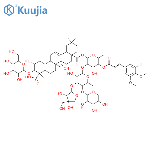 Olean-12-ene-23,28-dioic acid, 3-(β-D-glucopyranosyloxy)-2,27-dihydroxy-, 28-[O-D-apio-β-D-furanosyl-(1→3)-O-[β-D-xylopyranosyl-(1→4)]-O-6-deoxy-α-L-mannopyranosyl-(1→2)-6-deoxy-4-O-[1-oxo-3-(3,4,5-trimethoxyphenyl)-2-propenyl]-β-D-galactopyranosyl] ester, (2β,3β,4α)- structure