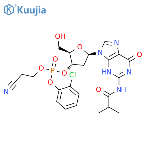 3'-Guanylic acid, 2'-deoxy-N-(2-methyl-1-oxopropyl)-, 2-chlorophenyl 2-cyanoethyl ester structure